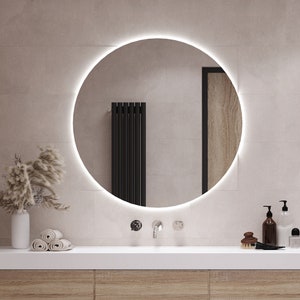 Miroir rond avec LED I 3 options d'éclairage I Miroir de maquillage, éclairage LED, miroir de salle de bain, miroir asymétrique, design moderne, fait main image 5