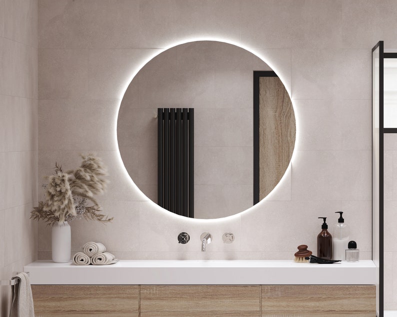 Miroir rond avec LED I 3 options d'éclairage I Miroir de maquillage, éclairage LED, miroir de salle de bain, miroir asymétrique, design moderne, fait main image 5