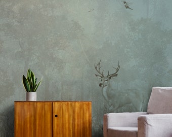 Deer In The Meadoforest Portrait Wallpaper, Removable Wallpaper, Blue Wallpaper, Gray Wallpaper, Nature Wallpaper, Delicate Wallpaper