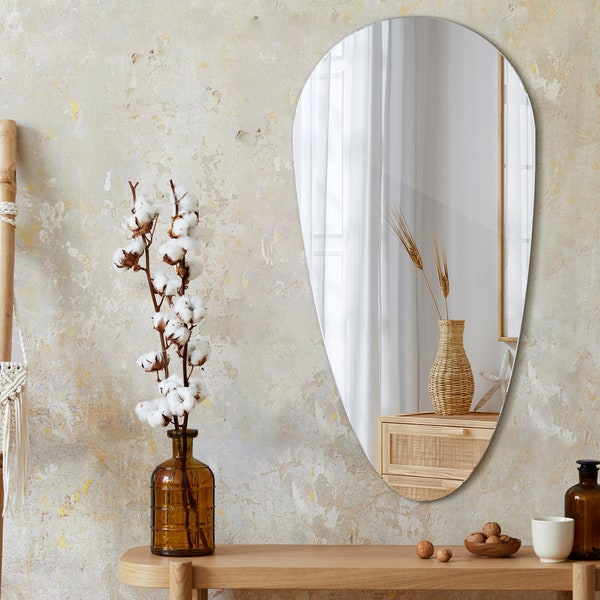 Specchio senza cornice a forma di lacrima, Design moderno, Specchio di forma irregolare, Arredamento bagno, Stile neutro, Specchio carino, Fatto a mano