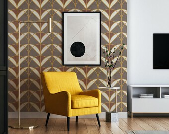 Geometric Floral Art Deco Style Wallpaper, Removable Wallpaper, Yellow Wallpaper, Beige Wallpaper, Geometric Wallpaper, Art Deco Wallpaper