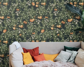 Orange Trees Wallpaper, Removable Wallpaper, Green Wallpaper, Orange Wallpaper, Floral Wallpaper, Botanical Wallpaper, Boho Decor