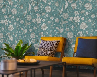 Botanical Garden Wallpaper, Removable Wallpaper, Blue Wallpaper, Gray Wallpaper, Floral Wallpaper, Colorful Wallpaper, Bedroom Wallpaper