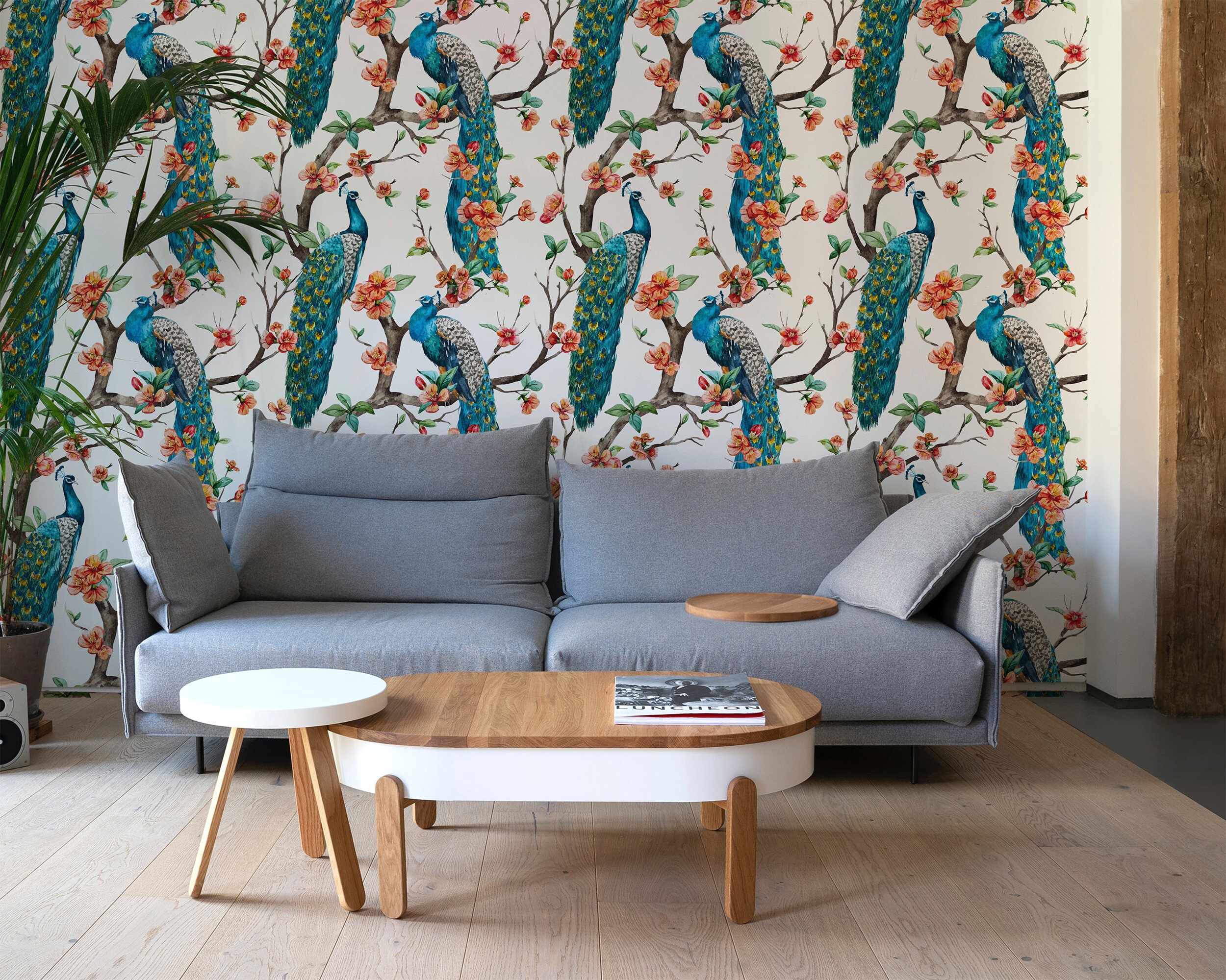 Peacock With Japanese Flowers Wallpaper Removable Wallpaper - Etsy