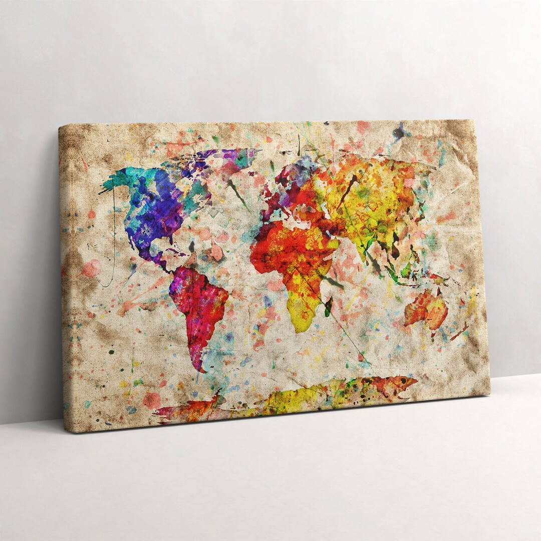 Colorful World Map Canvas, Picture Wall Hanging, Beige Wall Decor, Map ...