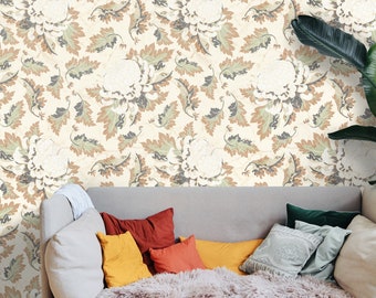 Chrysanthemums Wallpaper, Removable Wallpaper, Beige Wallpaper, Green Wallpaper, Retro Wallpaper, Plants Wallpaper, Trendy Wallpaper