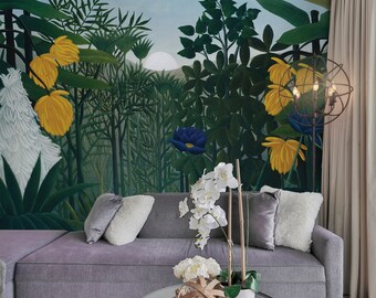 Jungle Danger Wallpaper, Removable Wallpaper, Yellow Wallpaper, Green Wallpaper, Jungle Wallpaper, Animal Wallpaper, Wall Decor, Home Decor