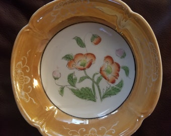 Vintage Peach Lusterware Bowl with Flowers