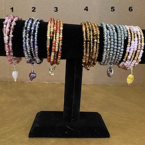Colorful wrap-around memory wire beaded bracelets with charm
