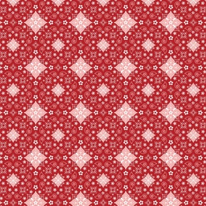 May include: A red background with a white and pink floral pattern. The pattern includes paisley shapes, stars, and flowers.