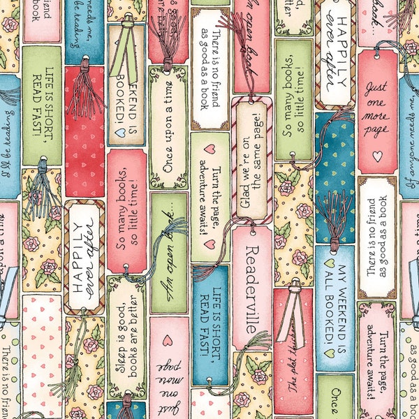 Bookmarks, Colorful Bookmarker Fabric, Readerville by Maywood Studio, Fabric by the Yard, MAS10232-Z