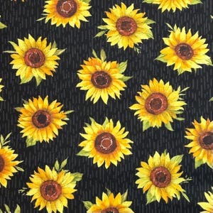 Sunflower Splendor Fabric by the Yard, Sunflower Toss on Black by Susan Winget for Wilmington Prints