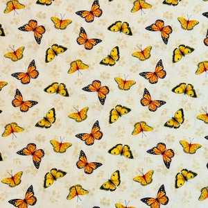 Sunflower Splendor Fabric by the Yard, Tossed Butterflies on Cream by Susan Winget for Wilmington Prints