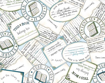 Book Labels in Blue, This book belongs to, Readerville by Maywood Studio, Fabric by the Yard, MAS10234-B