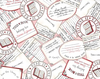 Book Labels in Pink, Readerville by Maywood Studio, Fabric by the Yard, MAS10234-P