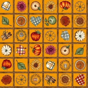 May include: A yellow background with a grid of 81 squares. Each square contains a different image, including apples, pumpkins, sunflowers, hearts, and other fall-themed designs.