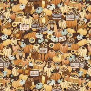 May include: A seamless pattern featuring brown owls wearing sweaters and hats, surrounded by pumpkins and sunflowers on a brown background. The pattern includes text such as "Happy Fall Y'all!" and "Hey there Pumpkin".