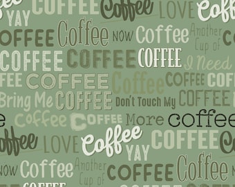 Yay! Coffee! Coffee Words in Green, Clothworks, Fabric by the Yard, Y3657-112