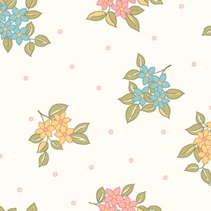 May include: A seamless pattern featuring clusters of pastel blue, yellow, and pink flowers with green leaves on a white background with scattered pink dots.