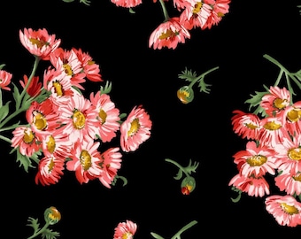 Daisy Bouquets in Black Fabric by the Yard, Coral Daisies, Prose by Maywood Studios, MAS9653-J