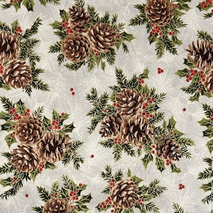 Pinecones on White, Fabric by the Yard; Evergreen Bows Collection by Maywood Studio, MAS10182-W