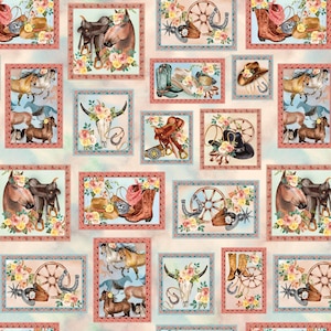 May include: A repeating pattern featuring framed images of horses, saddles, cowboy boots, hats, and floral arrangements. The frames have a red and blue border, and the background is a light blue and beige watercolor wash.