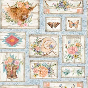 May include: A repeating pattern featuring rustic wooden panels with watercolor illustrations. The panels showcase a Highland cow, butterflies, a cowboy hat, and floral arrangements in soft pastel colors. The background is a light blue floral pattern.