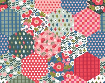 May include: A colorful patchwork pattern featuring various hexagonal shapes. The design incorporates floral, polka dot, checkered, and diamond patterns in shades of red, pink, blue, green, and white. The overall theme is a vibrant and cheerful floral design.