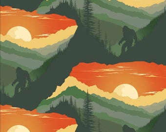Mysterious Mountain, Fabric by the Yard, Legendary Loner Collection, 3 Wishes, Sasquatch, Bigfoot, 3WI23817-GRN