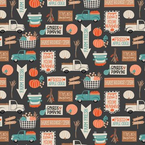 May include: A seamless pattern featuring a variety of fall-themed elements, including pumpkins, gourds, hay bales, farm trucks, and signs. The background is a dark gray color, and the elements are in shades of orange, brown, white, and blue. The signs include text such as "Farm Fresh", "Hay Rides - 75¢", and "Fresh Apple Cider".