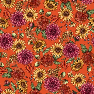 May include: A seamless pattern featuring a variety of fall flowers in shades of red, orange, and yellow. The flowers are arranged in a repeating pattern on a bright orange background.