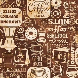 May include: A brown background with a repeating pattern of coffee-related illustrations and text. The design includes coffee cups, donuts, coffee pots, and the words "Coffee Time" and "Coffee House". The overall theme is coffee and cafe culture.