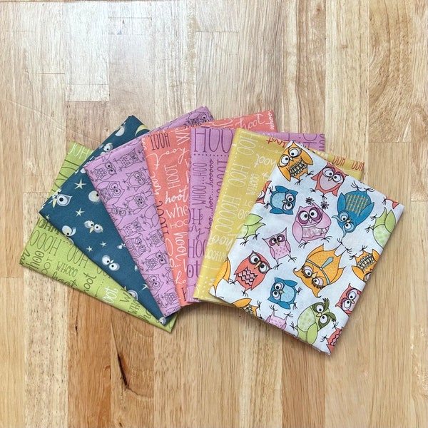 Whoo's Hoo 7  Piece Fat Quarter Bundle, Windham Fabrics, Owls FQ Bundle, Quilting Cotton