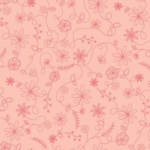 May include: A seamless pattern featuring delicate pink floral designs on a light pink background. The pattern includes various stylized flowers, leaves, and vines, creating a romantic and feminine aesthetic.