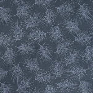 May include: A seamless fabric pattern featuring a repeating design of white pine needles on a dark blue background.