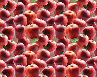 May include: A repeating pattern of red apples with green leaves. The apples are arranged closely together, creating a dense, textured design. The background is a neutral, textured surface.