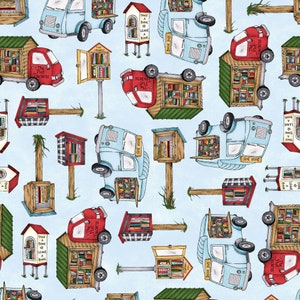 May include: A blue and white patterned background with illustrations of red, blue, and green bookmobiles and little free libraries. The bookmobiles have the words "Book Bus" and "The Plot Thickens" on them. The little free libraries have signs that say "Take a Book, Leave a Book".