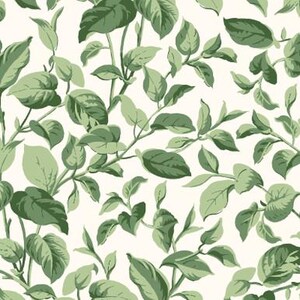 May include: A repeating pattern of botanical illustrations featuring various green leaves and stems on a solid off-white background. The design displays a dense arrangement of foliage in multiple shades of forest, sage, and olive green.