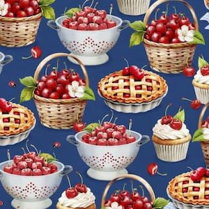 May include: A repeating pattern on a blue background featuring baskets, colanders, pies, and cupcakes, all filled with ripe red cherries. The baskets have woven sides and green leaves. The cupcakes have white frosting.