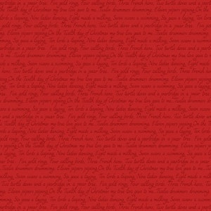 Christmas Script in Red Fabric by the Yard, 12 Days of Christmas, Lewis & Irene