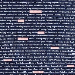 Country Roads Sing Along in Navy for Poppie Cotton, Lyrics Fabric, Fabric by the Yard, CR20164