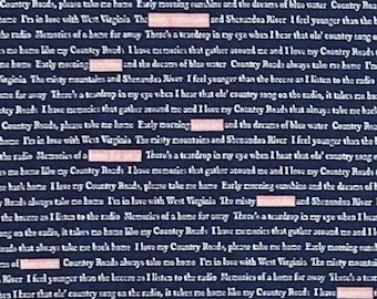 Country Roads Sing Along in Navy for Poppie Cotton, Lyrics Fabric, Fabric by the Yard, CR20164