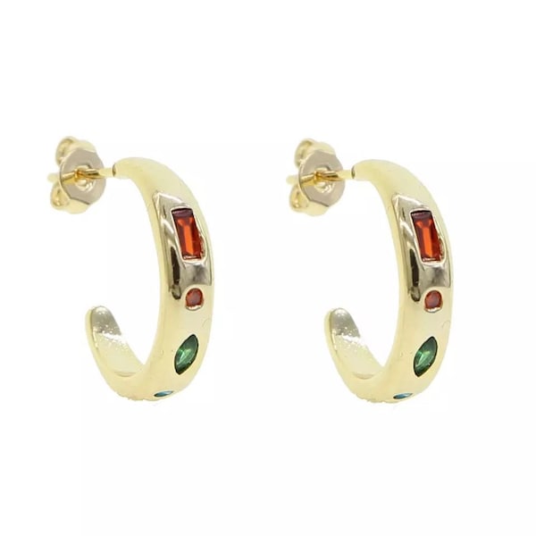 14k Gold Plated Multicolored Stone Hoop Earring, Rainbow Stone Hoop Earrings, Huggies, Gift For Her