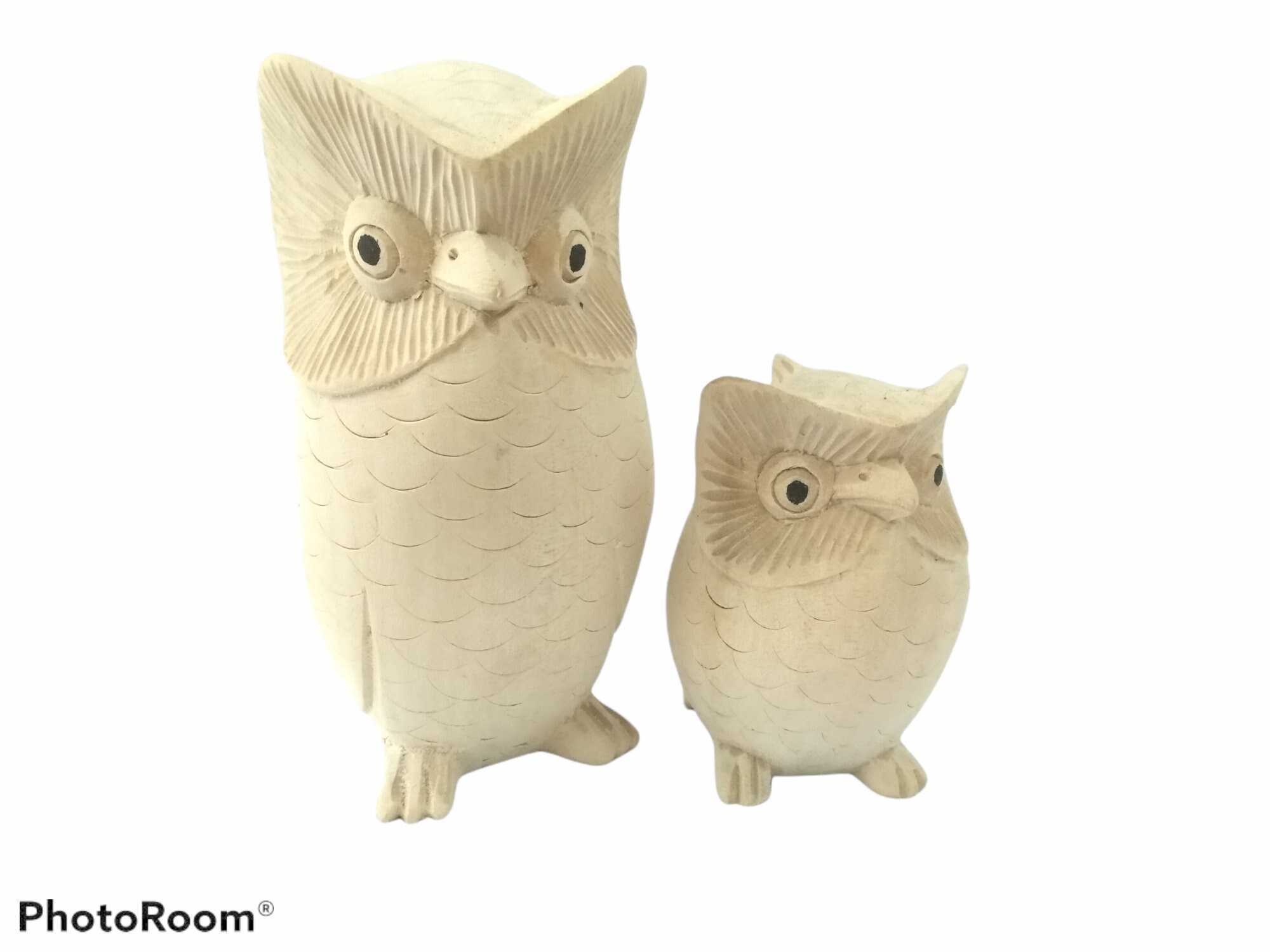 The Owl Family, Wood Sculpture Animal Carving for Room D&eacute;cor (1 set include 2 pcs owls with d