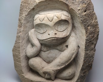 Cute Sleeping Kappa Statue with Natural Stone Carving : Nature Décor for Garden | Kappa Figure | Unique Kappa | Hand Carving | Stone Carving