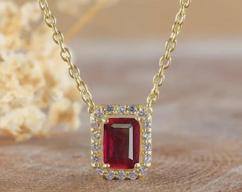 Collana con pendente in rubino, collana in argento sterling placcato oro 14 carati, collana con pietra portafortuna di luglio, regalo con pietra portafortuna per lei