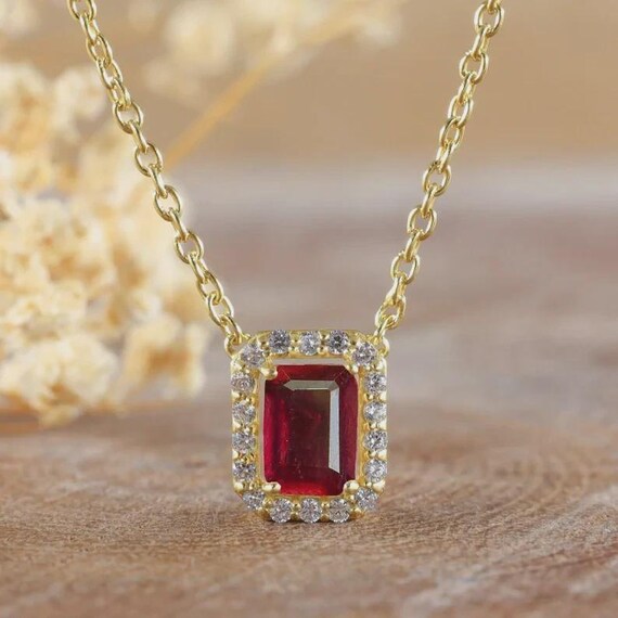 アクセサリー gagan birthday stone necklace RUBY Ruby Gemstone Pendant Necklace, 14K Gold Plated Sterling Silver
