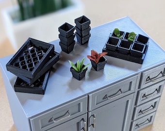 1:12 Scale Garden Pots & Tray | 3D Printed Dollhouse Miniature Garden Planters