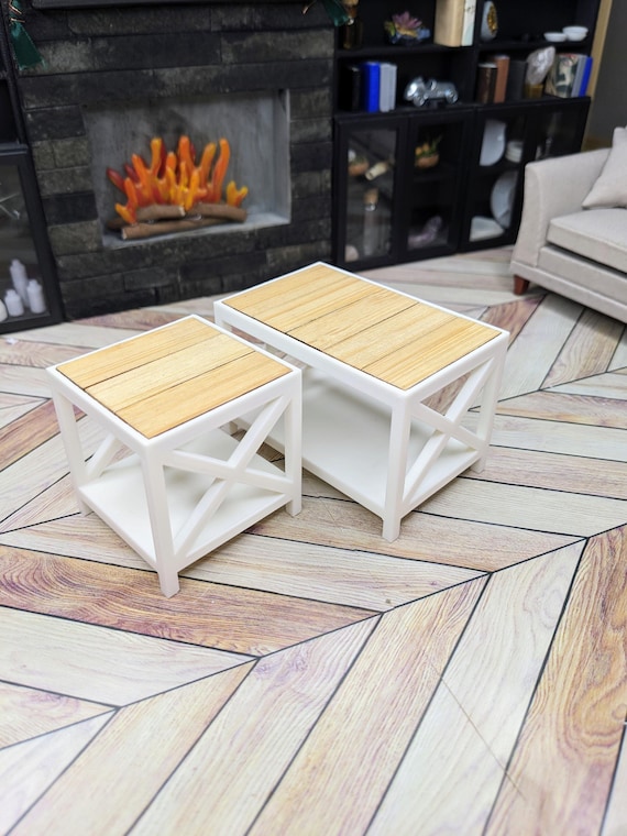 1:12 Bench and Side Tables | Dollhouse Coffee Table | Doll Farmhouse Furniture | Miniature Entryway Bench | Miniature Furniture | Doll Table