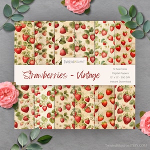 Digital Papers Strawberries | INSTANT DOWNLOAD | Watercolor Strawberry | Strawberry Background | Seamless Paper Pack | Vintage | FRT1
